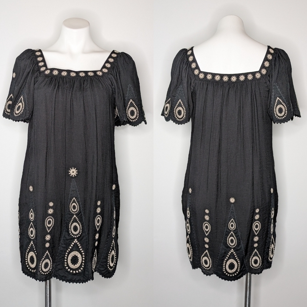 BCBGMAXAZRIA black cream embroidered square neck dress 2
